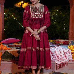 RANGMAYEE Ethnic Motifs Embroidered Cotton Fit & Flare Midi Ethnic Dress-image-35