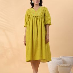 Janasya Self Design Embroidered Puff Sleeves Cotton Dobby A-Line Midi Dress-image-22