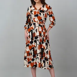 Cantabil Geometric Printed Fit & Flare Tie-Ups Midi Dress-image-1