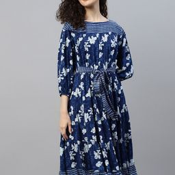 DEEBACO Floral Printed Boat Neck Tie Up Fit & Flare Dress-53