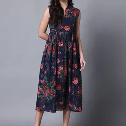 KALINI Floral Printed Mandarin Collar Gathered Detail Cotton Fit & Flare Midi Dress-image-38