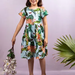 THEONI Girls Tropical Printed Cotton Pleated Fit & Flare Midi Dress-image-42