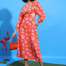 Tokyo Talkies Orange Floral Printed V-Neck Puff Sleeve Cut-Outs Fit & Flare Midi Dress-image-65