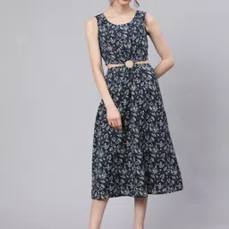 AKS Floral Printed Cut Out Detailed Cotton Fit & Flare Midi Dress-image-72