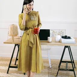 W Women Yellow Waist Belted A-Line Midi Dress-43
