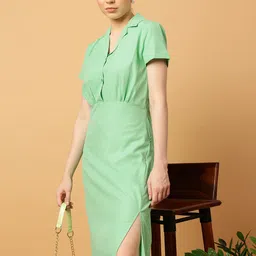 MINT STREET Notched Lapel Collar Pure Cotton A-Line Midi Dress-image-77