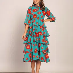 KAORI BY SHREYA AGARWAL Bliss Floral Print Georgette Tiered Midi Dress-image-47