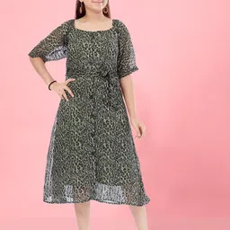 Aarika Girls Animal Printed Square Neck A-Line Midi Dress With Belt-image-69