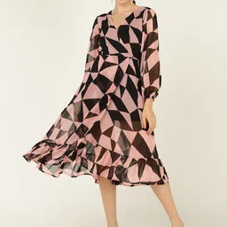 DODO & MOA Geometric Print V-Neck Long Puff Sleeve Georgette A-Line Midi Dress-image-49