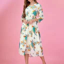 MOJILAA Floral Printed  Flared Sleeve Georgette A-Line Midi Dress-image-11