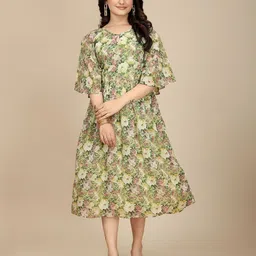 ODETTE Floral Print Flared Sleeve Georgette A-Line Midi Dress-image-5