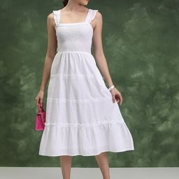 Vishudh Self Design Shoulder Straps Smocked Tiered Cotton Fit & Flare Midi Dress-image-32