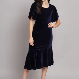 VAARARO Navy Blue Flared Sleeve Velvet Sheath Midi Dress-image-79