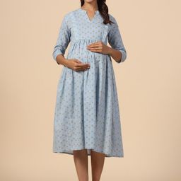CRAFIQA Floral Printed Maternity Pure Cotton Fit & Flare Midi Dress-image-60
