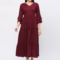Aanyor V Neck Bell Sleeve Tiered Maternity Fit & Flare Midi Dress-image-64