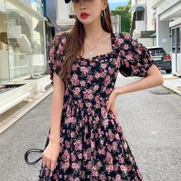 Kotty Navy Blue & Pink Floral Printed Sweetheart Neck Puffed Sleeves Fit & Flare Dress-image-18