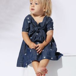 My Milestones Girls Floral Embroidered Tie Knot Detail Denim Fit & Flare Dress-image-80