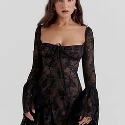 bebe Self Design Flared Sleeves Fit & Flare Mini Dress-image-18