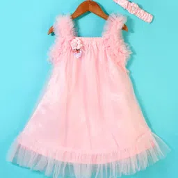 Enfance Girls Square Neck Net A-Line Dress With Headband-image-88