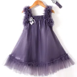 Enfance Girls Square Neck Net A-Line Dress With Headband-image-53