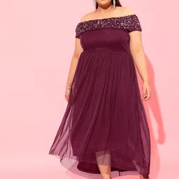 CURVY STREET Burgundy Plus Size Off-Shoulder Net Dress-image-73