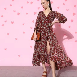 DODO & MOA Charming Maroon Conversational Ruffled Dress-picture-22