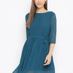 Mayra Women Turquoise Blue Solid Round Neck Fit & Flare Dress-15