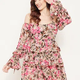 Bitterlime Women Brown & Pink Floral Off-Shoulder Layered Georgette Dress-picture-15