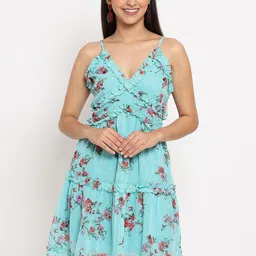 MARC LOUIS Turquoise Blue & Pink Floral Georgette Dress-image-33