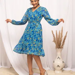 FIORRA Floral Print V-Neck Fit & Flare Georgette Dress-image-62