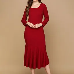 DODO & MOA Maroon Round Neck Sheath Midi Dress-image-78