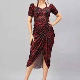 Antheaa Black & Red Abstract Printed Sweetheart Neck Puff Sleeve Sheath Midi Dress-picture-18