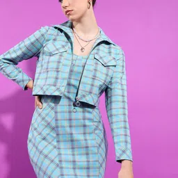 Tokyo Talkies Shoulder Straps Checked Sheath Mini Dress With Jacket-picture-10