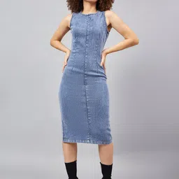 Orchid Blues Round Neck Sleeveless Cotton Denim Bodycon Midi Dress-picture-18