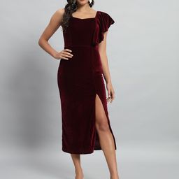 VAARARO Shoulder Straps Velvet Ruffles Bodycon Midi Dress-image-81
