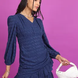 Tokyo Talkies Navy Blue Self Design Puff Sleeve Wrap Mini Dress-image-36