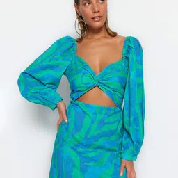 Trendyol Abstract Printed Puff Sleeve Pure Cotton Sheath Mini Dress-image-62