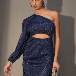 Tokyo Talkies Navy Blue Self Design One Shoulder Sheath Dress-image-52