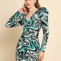 TANDUL Abstract Printed V-Neck  Jacquard Bodycon Mini Dress-image-18
