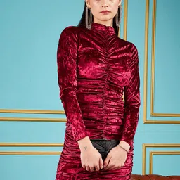 SASSAFRAS Round Neck Ruched Velvet Bodycon Dress-image-42