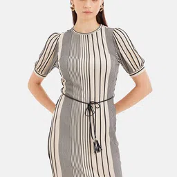 Kazo Striped Puff Sleeve Cotton Sheath Dress With Belt-image-75