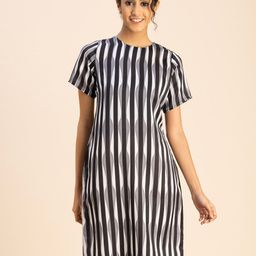 Moomaya Striped Round Neck Satin Sheath Dress-image-68