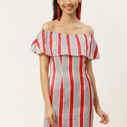 DODO & MOA Red & Grey Striped Off-Shoulder Bodycon Dress-picture-0