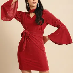 DODO & MOA Red Choker Neck Velvet Sheath Dress-image-8