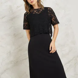 Styli Black Self Design Layered Lace Sheath Dress-image-5