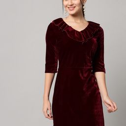 VAARARO Maroon Velvet Sheath Dress-image-23
