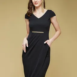 DressBerry Solid Cap Sleeves Side Pocketed Knee Long Bodycon Dress-0