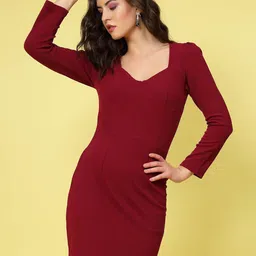 plusS Maroon Square Neck Puff Sleeve Sheath Dress-picture-57