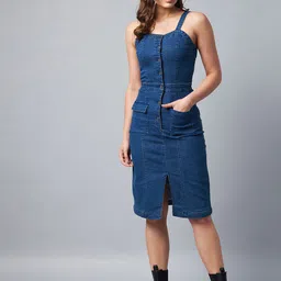 StyleStone Blue Cotton Denim Sheath Midi Dress-picture-44