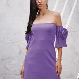 Athena Lavender Off-Shoulder Flared Sleeves Corsage Detailed Scuba Sheath Dress-image-62